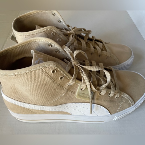 PUMA Beige Canvas White Leather Lace Up Sneakers Mid Top Mens Casual Shoes Sz 13 - Picture 3 of 10